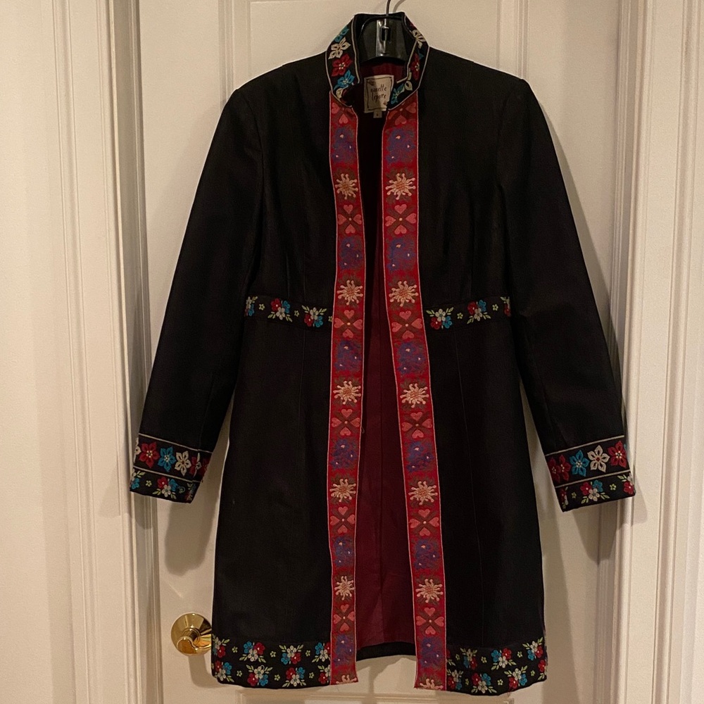 Nanette Lepore Black Trench Coat with Red and Blue Embroidery